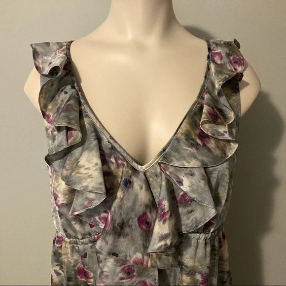 LOFT Gray & Purple Watercolor Print Ruffle Dress 4 - Picture 2 of 15